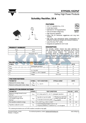 STPS20L15GTRRPBF datasheet - Schottky Rectifier, 20 A