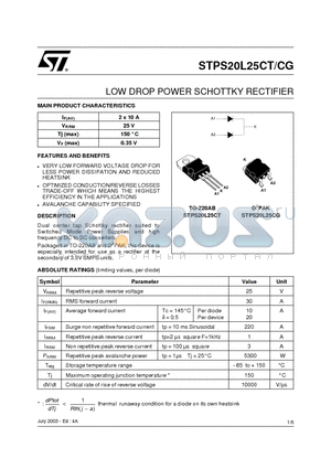 STPS20L25CG datasheet - LOW DROP POWER SCHOTTKY RECTIFIER