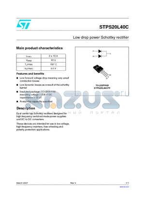 STPS20L40C datasheet - Low drop power Schottky rectifier