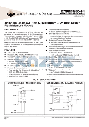W7MG1M32SVX120BNI datasheet - 8MB/4MB (2x1Mx32 / 1Mx32) MirrorBitTM 3.0V, Boot Sector Flash Memory Module