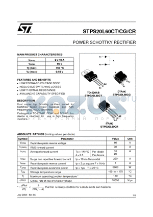 STPS20L60CT datasheet - POWER SCHOTTKY RECTIFIER