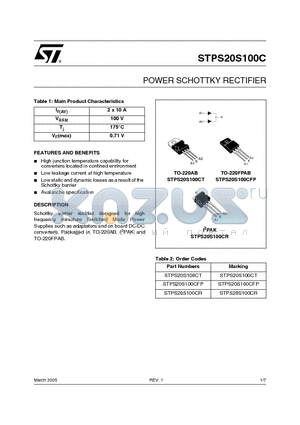 STPS20S100CR datasheet - POWER SCHOTTKY RECTIFIER