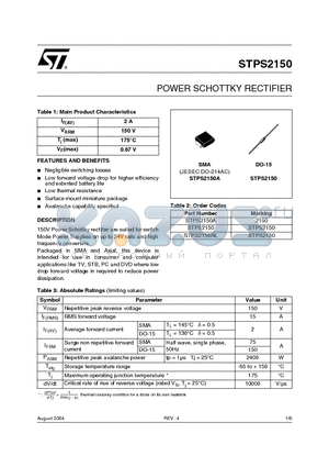 STPS2150A datasheet - POWER SCHOTTKY RECTIFIER
