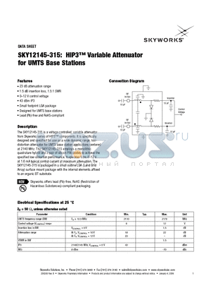 SKY12145-315 datasheet - HIP3 Variable Attenuator for UMTS Base Stations