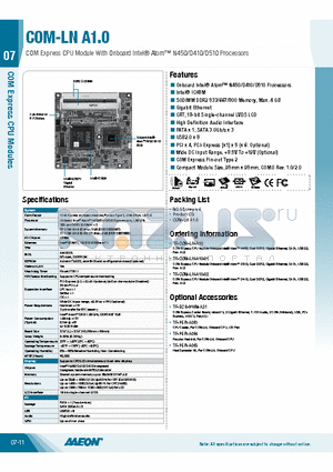TF-COM-LN-A10-01 datasheet - COM Express CPU Module With Onboard Intel Atom N450/D410/D510 Processors
