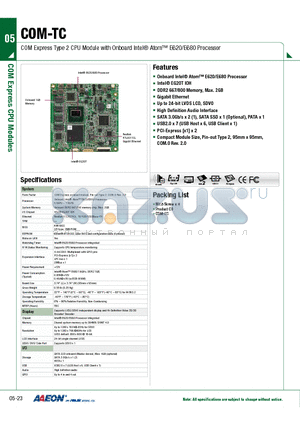 TF-COM-TC-A10-03 datasheet - COM Express Type 2 CPU Module with Onboard Intel Atom E620/E680 Processor