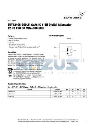 SKY12406-360LF datasheet - GaAs IC 1-Bit Digital Attenuator 12 dB LSB 50 MHz-600 MHz