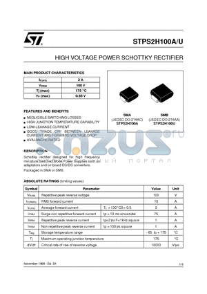 STPS2H100A datasheet - HIGH VOLTAGE POWER SCHOTTKY RECTIFIER