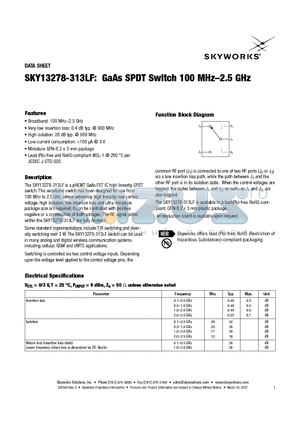 SKY13278-313LF datasheet - GaAs SPDT Switch 100 MHz-2.5 GHz