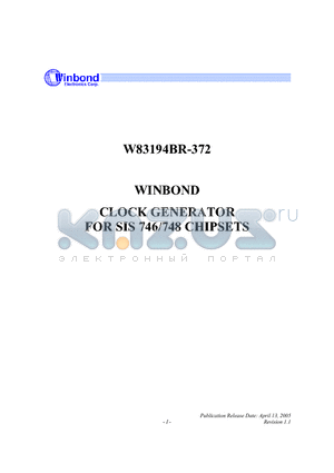 W83194BR-372 datasheet - CLOCK GENERATOR FOR SIS 746/748 CHIPSETS