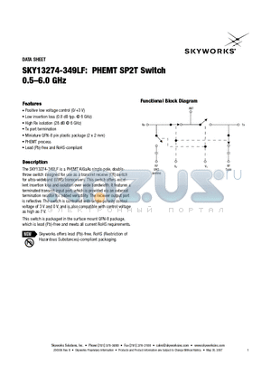 SKY13274-349LF datasheet - PHEMT SP2T Switch 0.5-6.0 GHz