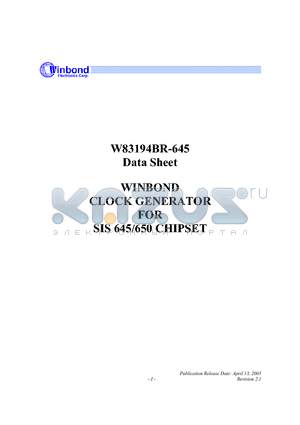 W83194BR-645 datasheet - CLOCK GENERATOR FOR SIS 645/650 CHIPSET