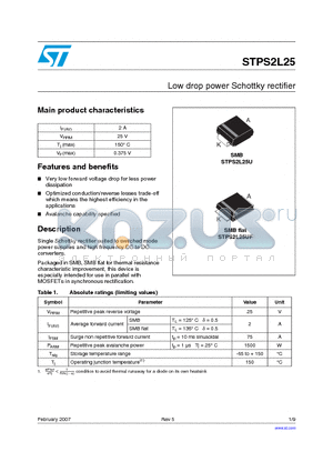 STPS2L25U datasheet - Low drop power Schottky rectifier