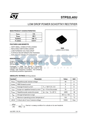 STPS2L40U datasheet - LOW DROP POWER SCHOTTKY RECTIFIER