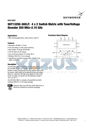 SKY13292-365LF datasheet - 4 x 2 Switch Matrix with Tone/Voltage Decoder 250 MHz-2.15 GHz