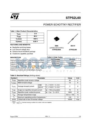 STPS2L60A datasheet - POWER SCHOTTKY RECTIFIER