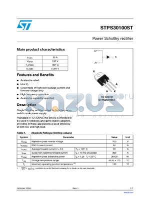 STPS30100ST datasheet - Power Schottky rectifier