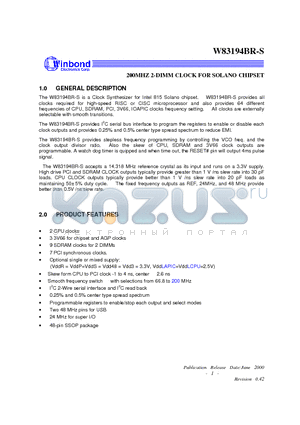 W83194BR-S datasheet - 200MHZ 2-DIMM CLOCK FOR SOLANO CHIPSET