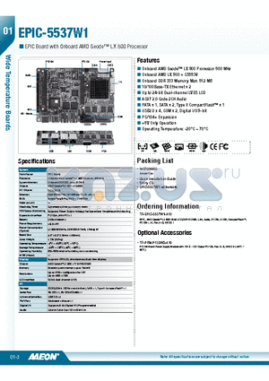 TF-EPIC-5537W1-A10 datasheet - Onboard AMD Geode LX 800 Processor 500 MHz