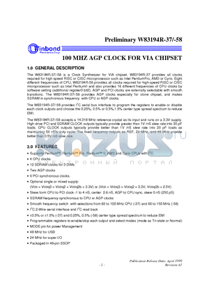 W83194R-58 datasheet - 100 MHZ AGP CLOCK FOR VIA CHIPSET