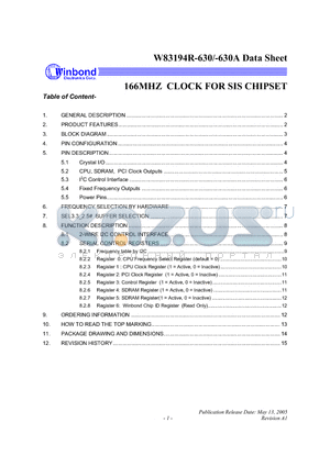 W83194R-630 datasheet - 166MHZ CLOCK FOR SIS CHIPSET