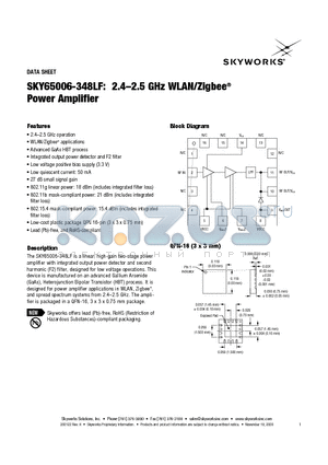 SKY65006-348LF datasheet - 2.4-2.5 GHz WLAN/Zigbee Power Amplifier