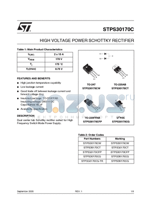 STPS30170CFP datasheet - HIGH VOLTAGE POWER SCHOTTKY RECTIFIER