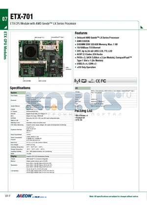 TF-ETX-701-A10 datasheet - ETX CPU Module with AMD Geode LX Series Processor