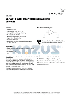SKY65014-92LF datasheet - InGaP Cascadable Amplifier LF-9 GHz