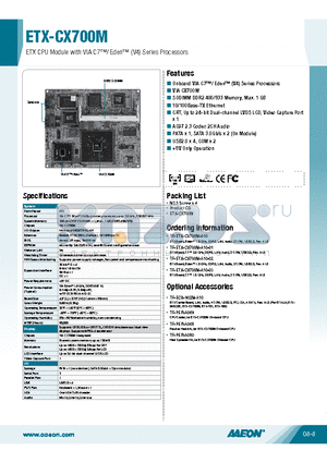TF-ETX-CX700M-A10-02 datasheet - Onboard VIA C7/ Eden (V4) Series Processors