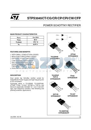 STPS3045CW datasheet - POWER SCHOTTKY RECTIFIER