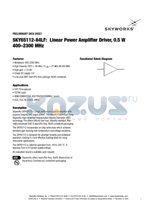 SKY65112-84LF datasheet - Linear Power Amplifier Driver, 0.5 W 400-2300 MHz