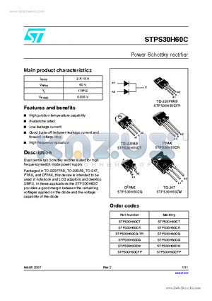 STPS30H60CFP datasheet - Power Schottky rectifier