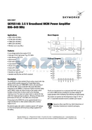 SKY65146 datasheet - 3.5 V Broadband MCM Power Amplifier 806-849 MHz