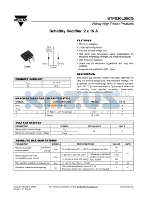 STPS30L30CG datasheet - Schottky Rectifier, 2 x 15 A