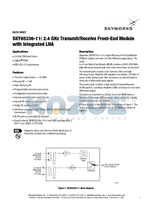 SKY65336-11 datasheet - 2.4 GHz Transmit/Receive Front-End Module with Integrated LNA