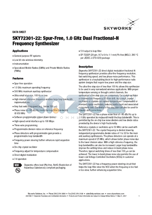 SKY72301-22 datasheet - Spur-Free, 1.0 GHz Dual Fractional-N Frequency Synthesizer