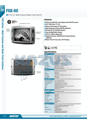 TF-FOX-80ST-A1 datasheet - Onboard Intel^ Ultra Low Voltage Celeron^ M Processor