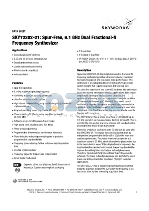 SKY72302-21 datasheet - SKY72302-21: Spur-Free, 6.1 GHz Dual Fractional-N Frequency Synthesizer