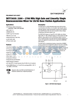SKY73035 datasheet - 2300 - 2700 MHz High Gain and Linearity Single Downconversion Mixer for 2G/3G Base Station Applications