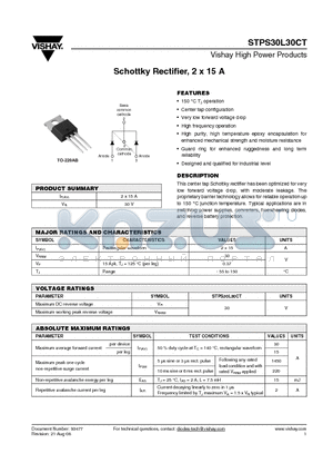 STPS30L30CT datasheet - Schottky Rectifier, 2 x 15 A