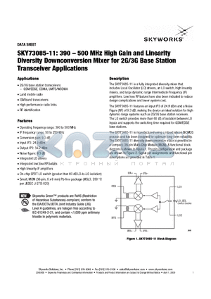 SKY73085-11 datasheet - 390 - 500 MHz High Gain and Linearity Diversity Downconversion Mixer for 2G/3G Base Station Transceiver Applications