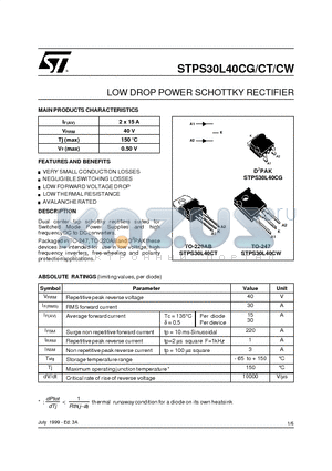 STPS30L40CG datasheet - LOW DROP POWER SCHOTTKY RECTIFIER