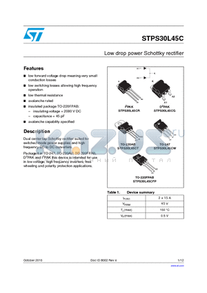 STPS30L45CFP datasheet - Low drop power Schottky rectifier