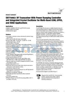 SKY74963-32 datasheet - SKY74963: RF Transceiver With Power Ramping Controller and Integrated Crystal Oscillator for Multi-Band GSM, GPRS, and EDGE Applications