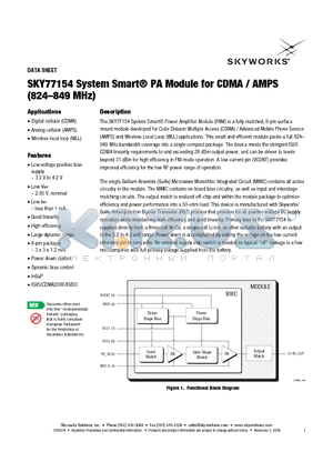 SKY77154 datasheet - System Smart PA Module for CDMA / AMPS (824-849 MHz)
