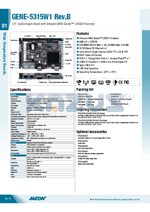 TF-GENE-5315W1-B10-01 datasheet - 3.5 SubCompact Board with Onboard AMD Geode Tm LX800 Processor
