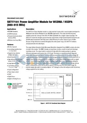SKY77181 datasheet - Power Amplifier Module for WCDMA / HSDPA (880-915 MHz)