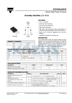 STPS30L60CWPBF datasheet - Schottky Rectifier, 2 x 15 A