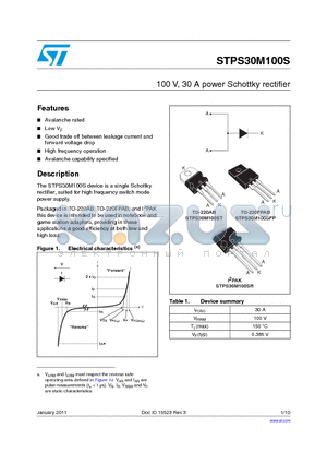 STPS30M100S datasheet - 100 V, 30 A power Schottky rectifier